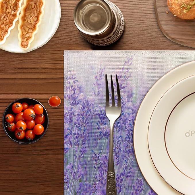 Purple Lavender Placemats Set of 6,Washable Heat Resistant 12×18 Inch Linen Table Mats Flower Weed Place Mats for Party Outdoor Dining Décor