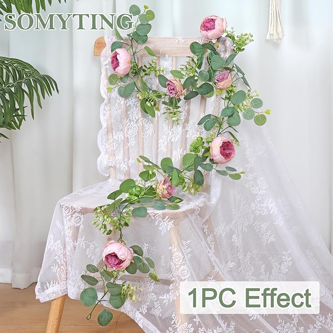 SOMYTING Artificial Flowers Garland 6FT Eucalyptus Flower Garlands Vintage Peony Rose Vine Faux Floral Garland for Wedding Party Arch Table Wall Backdrop Decoration (Vintage Pink, 4PCS)