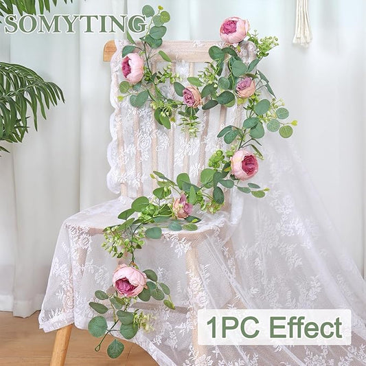 SOMYTING Artificial Flowers Garland 6FT Eucalyptus Flower Garlands Vintage Peony Rose Vine Faux Floral Garland for Wedding Party Arch Table Wall Backdrop Decoration (Vintage Pink, 4PCS)