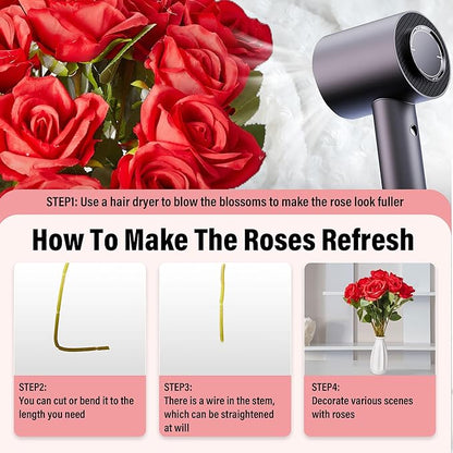 20PCS Artificial Roses with Long Stems - Realistic Silk Flowers, Fake Roses Real Touch Bouquet of Roses for Home Decor, Bridal Wedding Party Table Centerpieces, Bulk Faux Rose Flowers (Red)