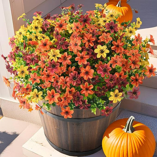 Homsunny Artificial Mums Flowers Outdoors Autumn Decor, Fall Fake Silk Daisy UV Resistant, 12 Bundles Outside Faux Flower Plants for Home Garden Porch Patio Yard Balcony Window (Yellow Brown Orange)