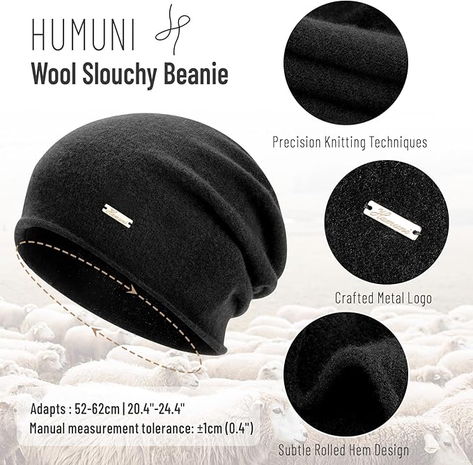 100% Wool Slouchy Beanie, Warm Beanie Hats for Women Breathable Knitting Skull Beanies Cap for Spring Fall Winter