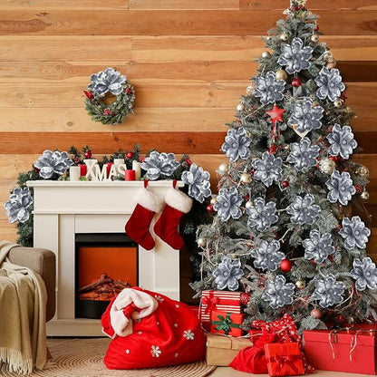 20 Pcs Christmas Glitter Poinsettia Magnolia Flowers Ornaments Large Heads Artificial Magnolia Flowers for Christmas Tree Xmas Wreath Holiday Wedding Decor (Grey)