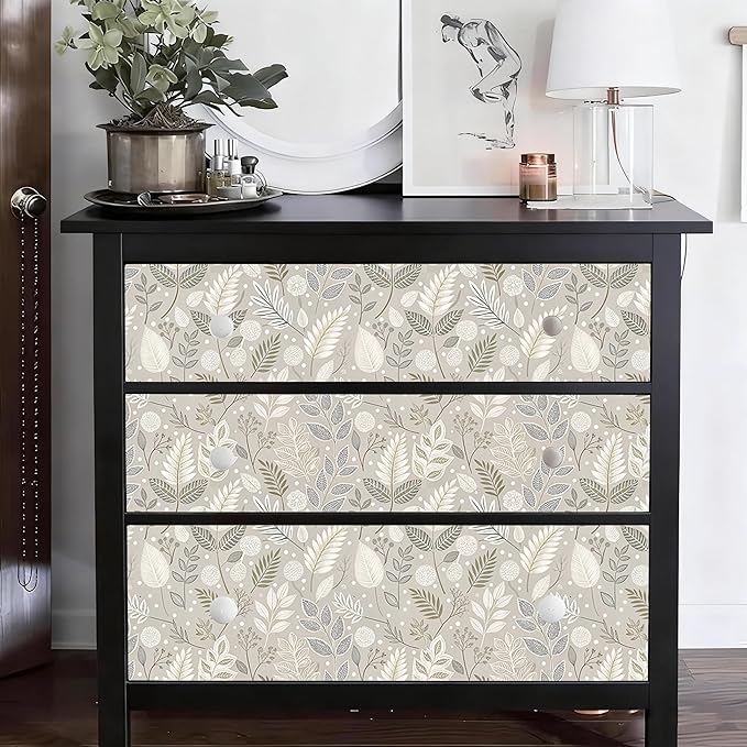 Gray Leaf Peel and Stick Wallpaper Grey White Floral Contact Paper Easy Peel Off Self-Adhesive Removable Stick on Wall Paper for Kitchen Cabinet Drawer 17.71" X 118.1"