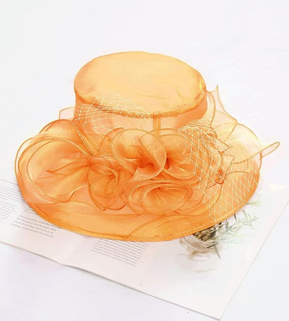 Organza Derby Hats for Women Wide Brim Fascinator Hat Rose Flower Wedding Tea Party Hat