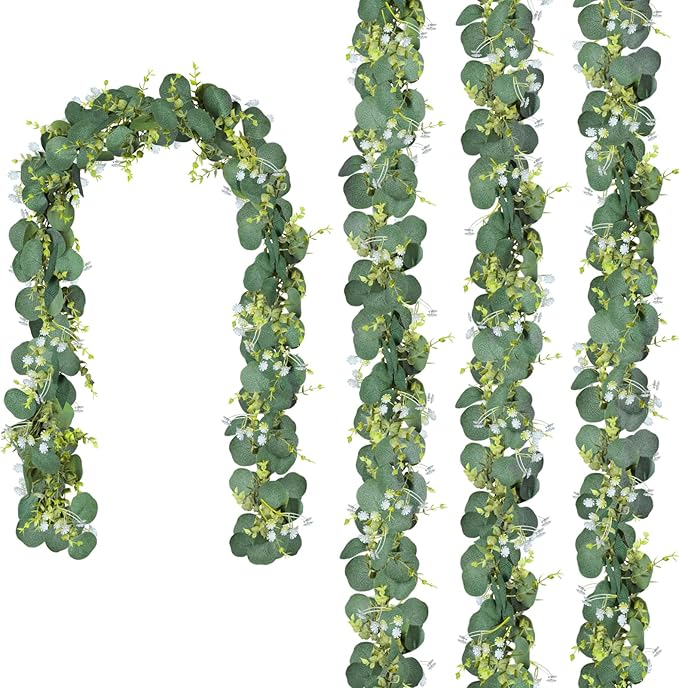 CQURE 4 Pack 5.9Ft Eucalyptus Garland,Artificial Eucalyptus Flowers Leaves Table Greenery Garland Wreath Vines for Wedding Party Table Fireplace Bedroom Wall Room Decor