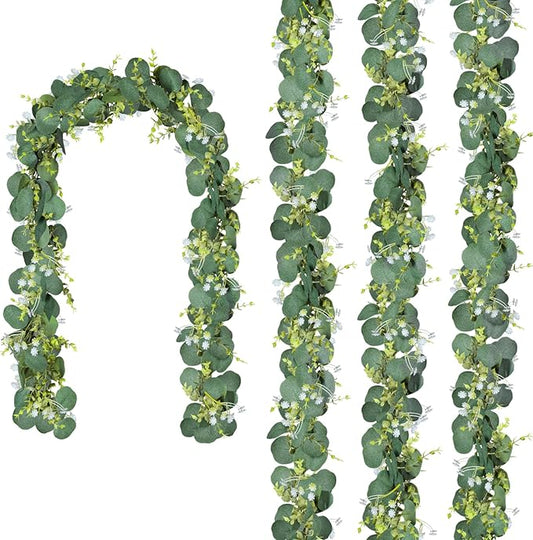 CQURE 4 Pack 5.9Ft Eucalyptus Garland,Artificial Eucalyptus Flowers Leaves Table Greenery Garland Wreath Vines for Wedding Party Table Fireplace Bedroom Wall Room Decor