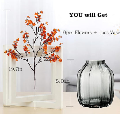 JAKY-Global Babys Breath Silk Artificial Flowers Bulk with Vase 10pcs for Fall Decor Fake Flower Bouquet Bulk for Home Kitchen Indoor Bouquet Floral Arrangement Table Centerpieces Party Decor(Orange)