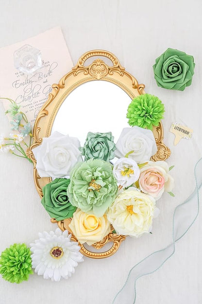 Artificial Flowers, White Green Fake Silk Flower, Silk Flowers with Stems, Wedding Cake Flowers for DIY Wedding Bridal Bouquets Centerpieces Decor