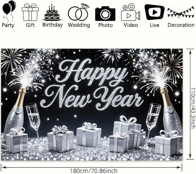 Happy New Year Banner 71x43 Inch Silver Champagne Party Wall Decoration Fireworks Photo Backdrop for Indoor Countdown Celebration Holiday Event and Home Background Display