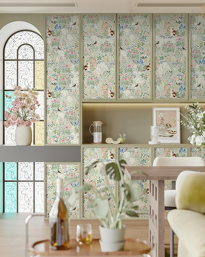 Heroad Floral Peel and Stick Wallpaper Light Green Wallpaper Boho French Country Contact Paper Cat Birds Removable Self-Adhesive Wall Paper for Bedroom Kitchen Cabinets Decoration Vinyl 17.3”x393”