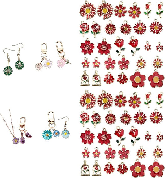 60pcs15 Types Flower Charms For Jewelry Making Enamel Flower Charms For Necklace Bracelet Earring for Gift that Office, Travel & DIY Creators