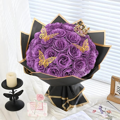 Waipfaru Glitter Roses Bouquet, DIY Lilac Fake Flowers Bouquet, Birthday Gifts for Women Mom, 24 Pcs Rose for Grandma Wife Girlfriend Valentines, Mothers Day, Anniversary, Graduation