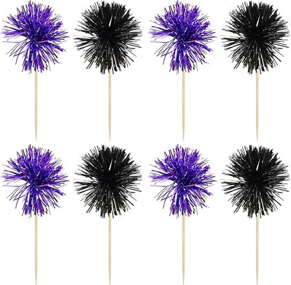 Gyufise 30Pcs Foil Firework Cupcake Toppers Sparkle Tinsel Cake Toppers Tinsel Drink Cake Decoration Cocktail Picks for Birthday Wedding Graduation Party Supplies Black Purple