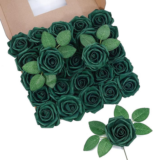 DuHouse 50Pcs Artificial Roses Flowers Fake Roses with Stems Real Touch Foam Flowers for DIY Wedding Bouquet Baby Shower Centerpiece Floral Arrangement Party Home Decor(Hunt Green)