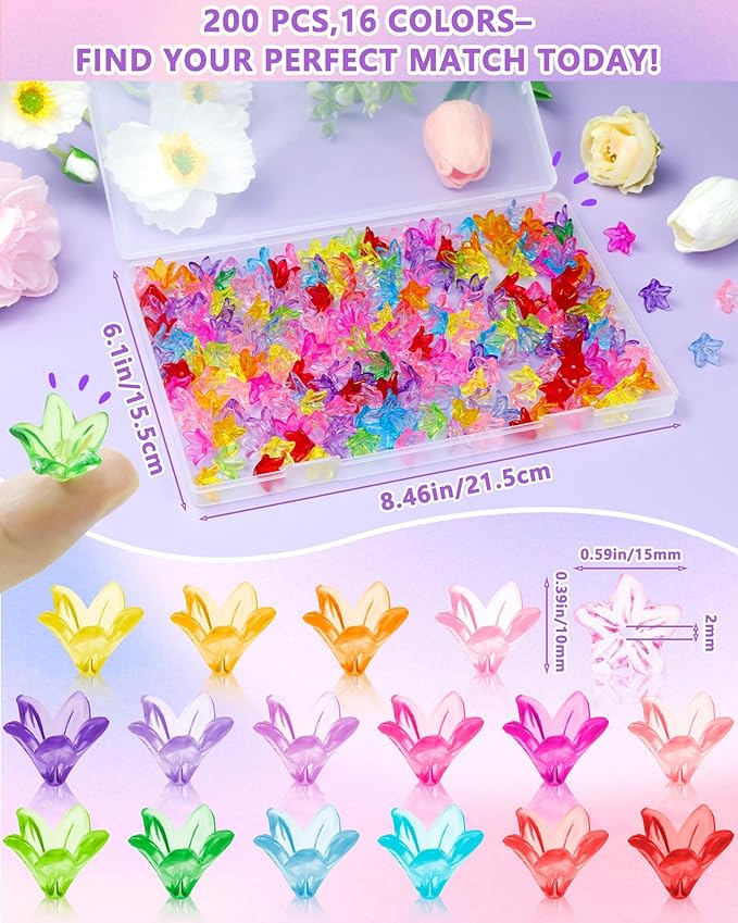 FIVEIZERO 200PCS Acrylic Lily Flower Beads, 16 Colors Trumpet Bell Floral Bead Charms for Bracelets, Necklaces & DIY Jewelry Making Crafts