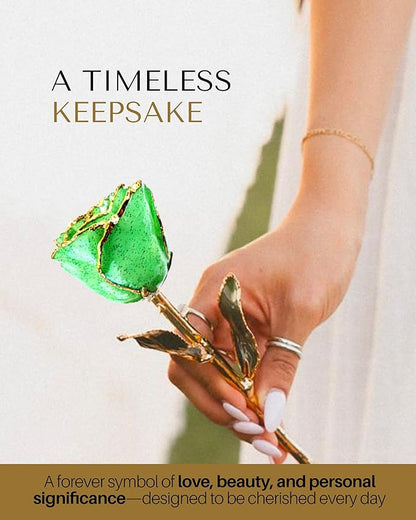Forever Rose Hand-Dipped in 24K Gold, Peridot-Inspired August Birthstone with Sparkles, Real Rose in Luxury Gold Gift Box – Perfect Ready to Gift for August Birthday or Any Occasion
