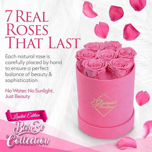 GLAMOUR BOUTIQUE Eternal Preserved Roses in a Box - Flowers Forever, Rose Forever in a Box for Wife, Birthday Gifts for Her, 7 Roses, Velvet Pink