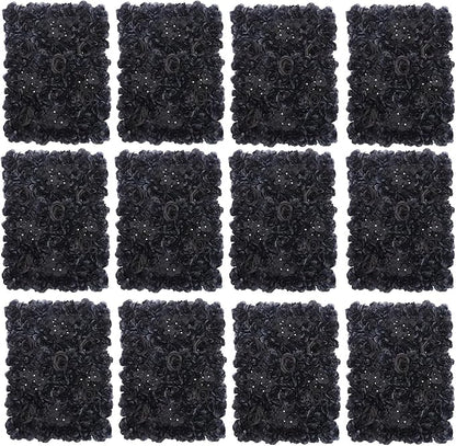 Flower Wall Panel Set,Black Artificial Wall Flower Backdrop,12 Pcs 23.62" X 15.75" 3D Silk Hydrangea Rose Floral Panel,Faux Roses Artificial Flower Backdrop for Wall Decor