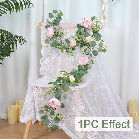 SOMYTING Artificial Flower Garlands Eucalyptus Garlands with Flowers Rose Peony Flower Vine Faux Floral Garland for Wedding Party Arch Table Wall Backdrop Decoration (Light Pink, 4PCS)