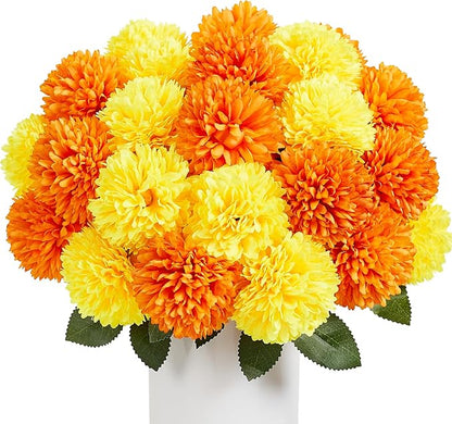 SITUMEIZI 12 Pcs Artificial Chrysanthemums Flowers Ball Flower Fake Mums Silk for Fall Decor Halloween Thanksgiving Day Wedding Home Kitchen Decoration Floral Arrangement(Yellow,Orange)