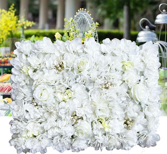 12pcs 24" x 16" Artificial Flower Wall Panel Background,3D White Plastic Hydrangea Rose Flowers Wall Backdrop for Wedding Party Event Photo Backdrop Wall Decor (White)