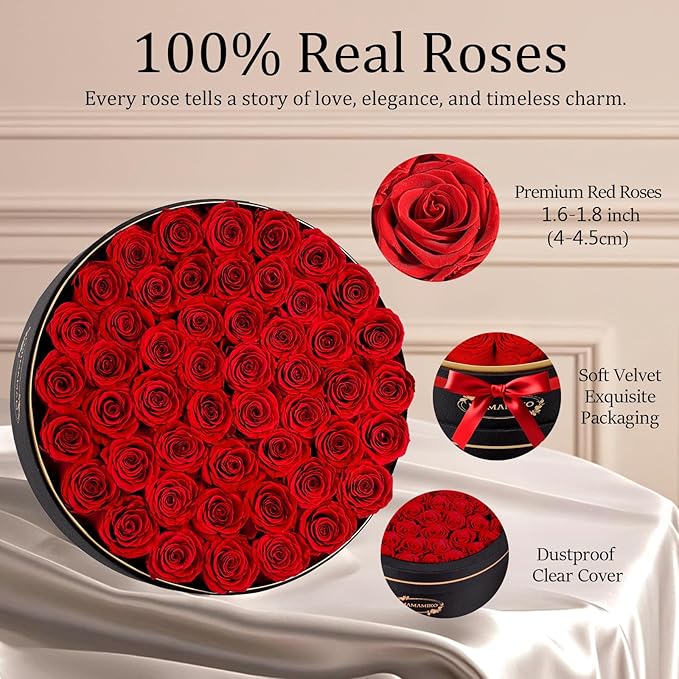 50 Preserved Roses in a Gift Box for Her - Forever Flowers for Delivery, Eternal Rose Mothers Gifts for Mom, Wife Anniversary Birthday Gifts for Women, Red