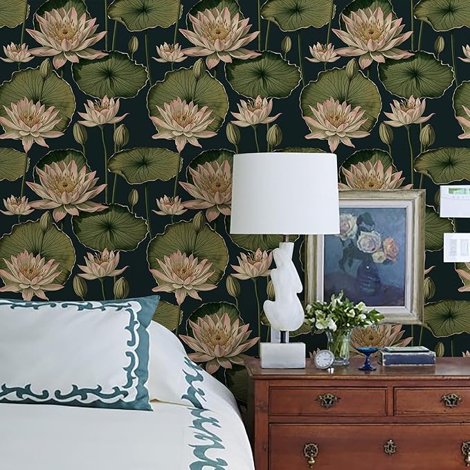 Orainege Vintage Floral Peel and Stick Wallpaper Floral Contact Paper 16.9"x196.8" Lotus Leaf Wallpaper Peel and Stick Self Adhesive Wall Paper for Bedroom Bathroom Covering Wall Decorative