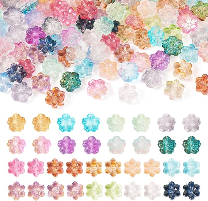 120Pcs Glass Flower Beads Colorful Cherry Blossom Crystal Beads Cute Floral Charm Bead Spring Plant Loose Spacer Bead for DIY Crafts Friendship Bracelet Earring Necklace Jewelry Making