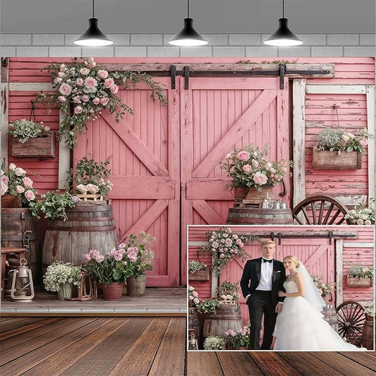 15x10ft Country Wedding Pink Photography Backdrop Rustic Wooden Door Photography Backdrop Farmhouse Flower Western Girl Birthday Baby Shower Wedding Bridal Party Banner Photo Booth Props Background
