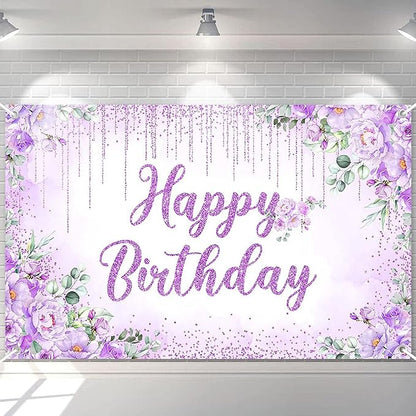 Avezano Happy Birthday Backdrop Banner for Girls Women Happy Birthday Party Decorations Floral Glitters Bday Banner Party Supplies (Purple, 6x3.6ft)