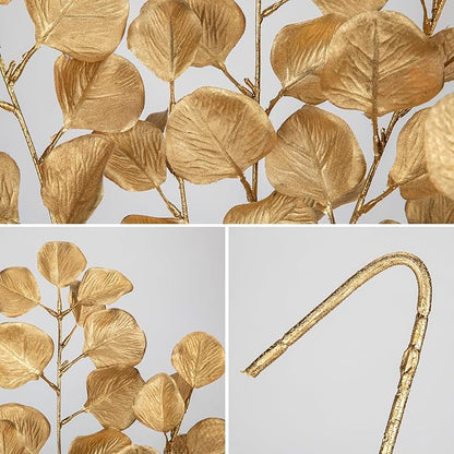 Hollyone 32” Christmas Tree Picks and Sprays 3Pcs Gold Artificial Eucalyptus Stems Eucalyptus Leaves Branches Fake Gold Leaf Floral for Vase DIY Xmas Tree Garland Wreath Centerpieces Wedding Decor