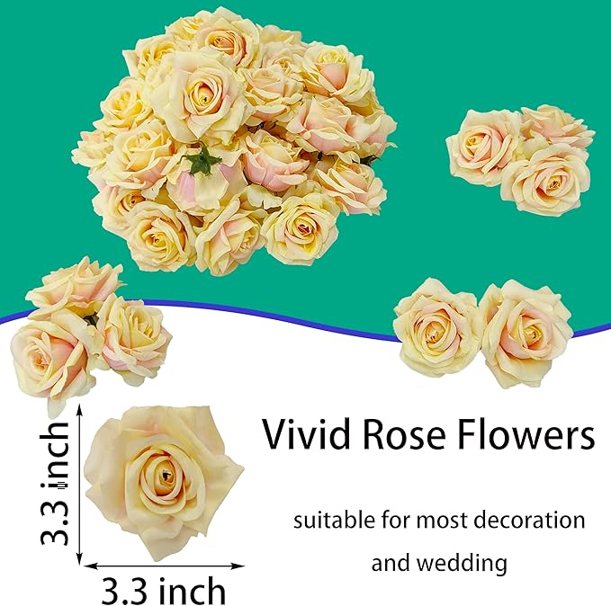 Artificial Satin Rose Flower Heads,48 Pcs Silk Rose Heads with Stems,3.3'' Rose Artificial Flowers Bulk,Artificial Rose Flower Heads for DIY Crafts Bouquet (48, Champagne)