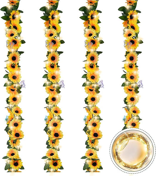 4 Pack Sunflower Garland Decor,7.5ft Artificial Sunflower Vines with Lights,Hanging Fake Silk Flower Garlands for Table Centerpieces Wedding Party Birthday Decorations