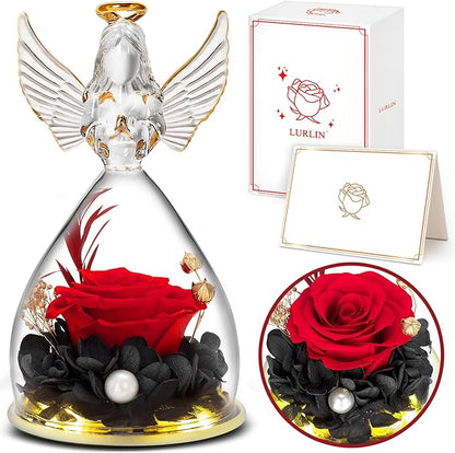 LURLIN Birthday Gifts for Women - Preserved Flowers & Glass Angel Figurines with LED Rose for Mom, Grandma, Wife, Friend, Teacher, Nurse, Anniversary Day Girls Gift