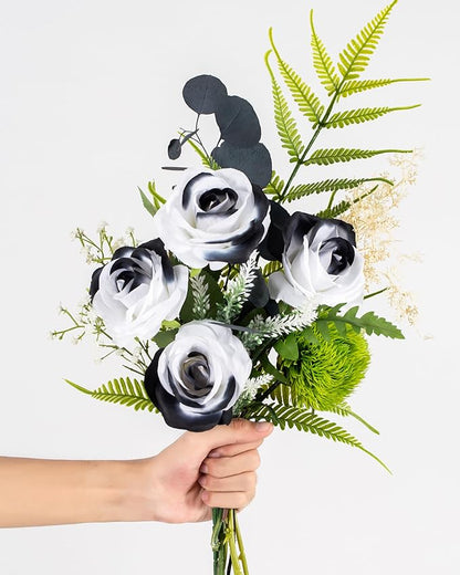 DuHouse 10pcs Fake Roses Artificial Silk Flowers Faux Rose Flower Long Stems for Arrangement Wedding Centerpiece Home Kitchen Decor(Black White)