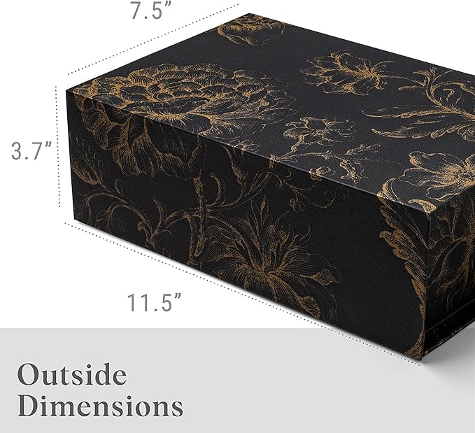 Luxury Keepsake Gift Box | Black Gold Floral Decorative Boxes with Magnetic Lids for Presents, Wedding Memory Box, and Bridal Gifts. 11.5" x 7.5" x 3.5"