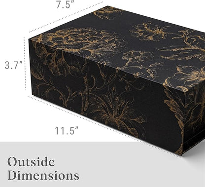 Luxury Keepsake Gift Box | Black Gold Floral Decorative Boxes with Magnetic Lids for Presents, Wedding Memory Box, and Bridal Gifts. 11.5" x 7.5" x 3.5"