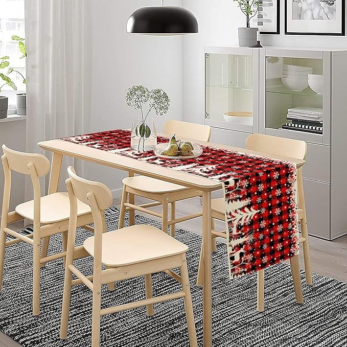Christmas Table Runner,Red Black Plaid Xmas Snowflakes Deer Trees Print Tablecloth Burlap for Hotel Indoors Outdoor Dining Room Kitchen Home Decor,W13X L108 in