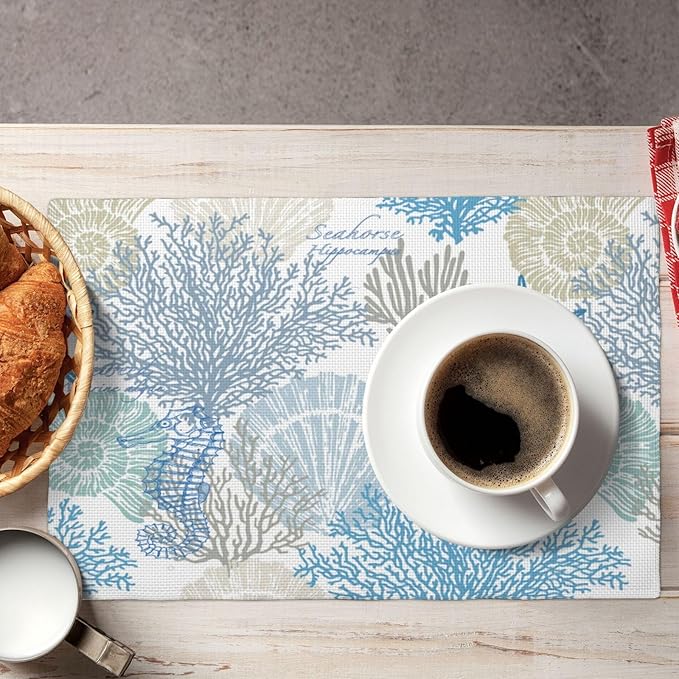 Starfish Placemats, Watercolour Summer Blue Underwater Coral Seashells Starfish Seahorse Sea Animals Print Washable Fabric Placemats Table Kitchen Dining Party 12x18 Inch Set of 6