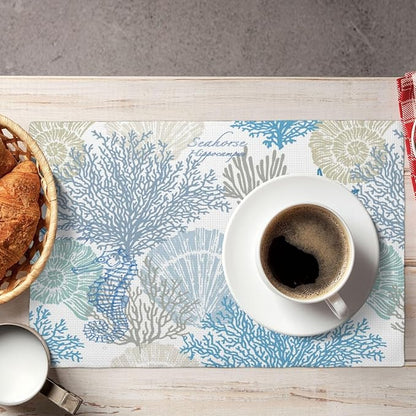 Starfish Placemats, Watercolour Summer Blue Underwater Coral Seashells Starfish Seahorse Sea Animals Print Washable Fabric Placemats Table Kitchen Dining Party 12x18 Inch Set of 6