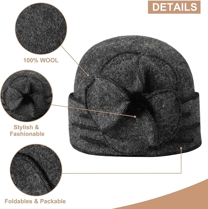 Sumolux Beanie Hats for Women Wool Skull Cap Beret Floral Cuffed French Vintage Dress Cloche Classic Winter 1920s