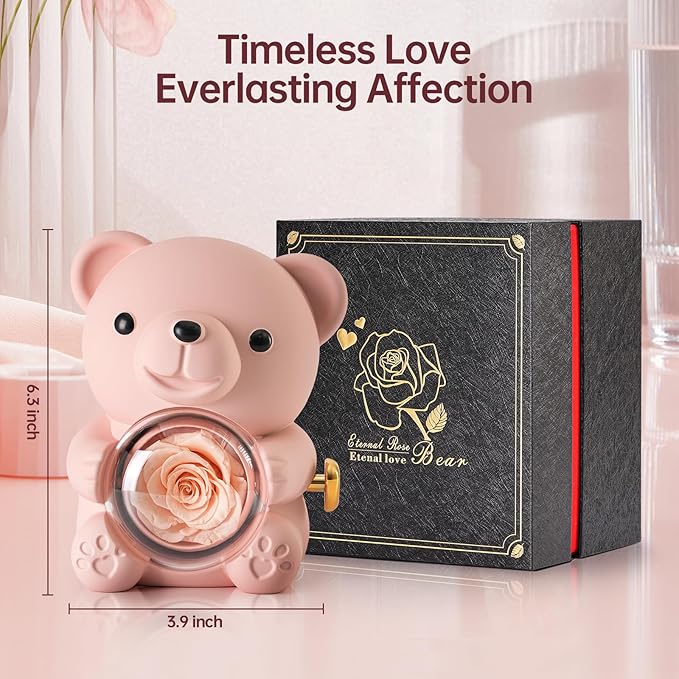 Cute Teddy Bear with Preserved Rose - A Real Rose Flower in Bear with Elegant Gift Box - Romantic Gift for Her in Mother's Day, Weddings, Anniversaries, and Bridal Showers (Champagne)