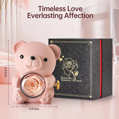 Cute Teddy Bear with Preserved Rose - A Real Rose Flower in Bear with Elegant Gift Box - Romantic Gift for Her in Mother's Day, Weddings, Anniversaries, and Bridal Showers (Champagne)