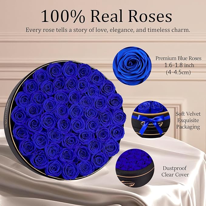 50 Preserved Roses in a Gift Box for Her - Forever Flowers for Delivery, Eternal Rose Mothers Gifts for Mom, Wife Anniversary Birthday Gifts for Women, Blue