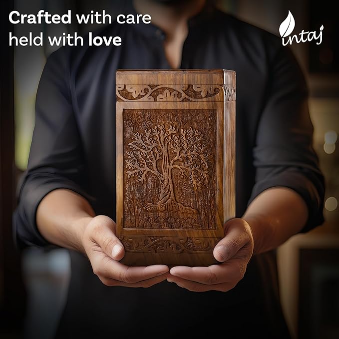 INTAJ Handcarved Wooden Cremation Urn for Human Ashes - Tree of Life Design, 640lbs Capacity, Suitable for Adult Men and Women - Decorative Funeral Urn Box and Casket - Companion Urn Carved Box
