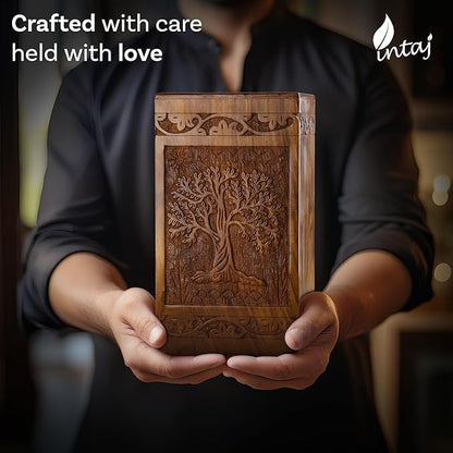 INTAJ Handcarved Wooden Cremation Urn for Human Ashes - Tree of Life Design, 640lbs Capacity, Suitable for Adult Men and Women - Decorative Funeral Urn Box and Casket - Companion Urn Carved Box
