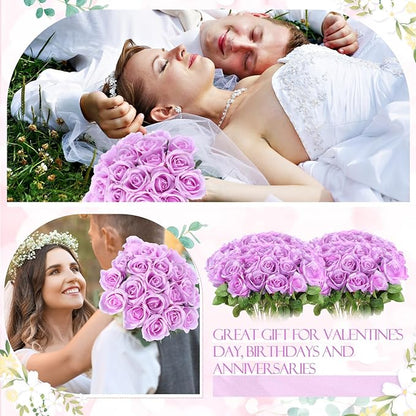 Jexine 50 Pcs Artificial Rose Flower Bulk Realistic Silk Fake Roses with Long Stem Plastic Artificial Flower Bouquet Real Looking for Home Wedding Centerpieces Party Decoration(Light Purple)