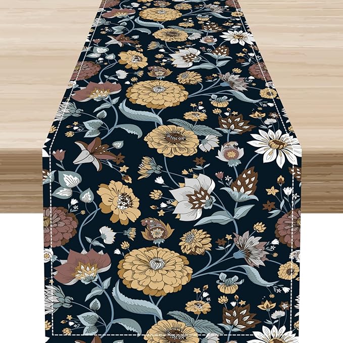 Boho Floral Table Runner, Vintage Traditional Farmhouse Boho Floral Linen Coffee Table Center Decor for Family Kitchen Farmhouse Holiday Party Table Decorations Indoor Outdoor 13x108 inch