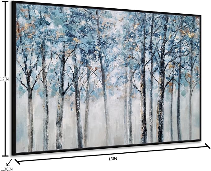 Yihui Arts Abstract Forest Wall Art Hand Painted Textured Blue Trees Canvas Painting with Gold Foil Modern Framed Artwork for Living Room Decor